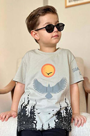 Erkek Çocuk Ağaç ve Güneş Baskılı T-shirt Yazı Detaylı Bej Şortlu Takım
