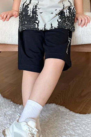 Erkek Çocuk Ağaç ve Güneş Baskılı T-shirt Yazı Detaylı Bej Şortlu Takım