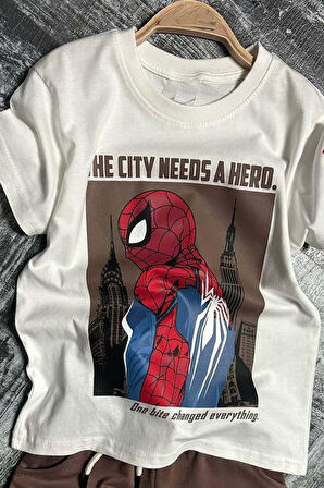 Erkek Çocuk Örümcek Adam Karakter ve Yazı Baskılı T-shirt İp Detaylı Kahverengi Şortlu Takım