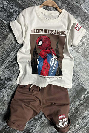 Erkek Çocuk Örümcek Adam Karakter ve Yazı Baskılı T-shirt İp Detaylı Kahverengi Şortlu Takım