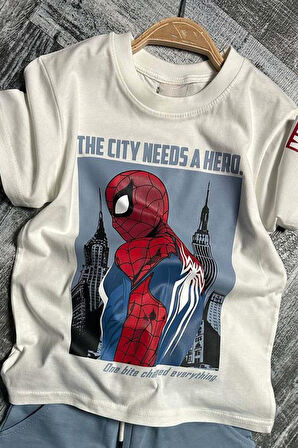 Erkek Çocuk Örümcek Adam Karakter ve Yazı Baskılı T-shirt İp Detaylı Mavi Şortlu Takım