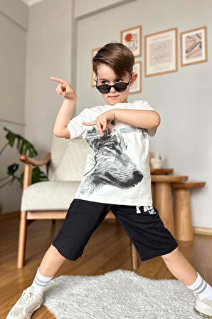 Erkek Çocuk Kurt Ve Free Wolf Yazı Baskılı Siyah Şortlu Takım