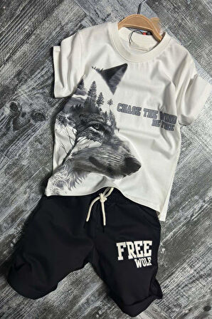Erkek Çocuk Kurt Ve Free Wolf Yazı Baskılı Siyah Şortlu Takım