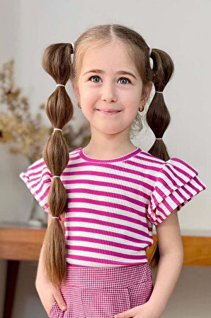 Kız Çocuk Yatay Çizgiler Kolsuz Omuzları Fırfırlı Bluz Pötikare Kumaş Pantolon Pembe Alt Üst Takım