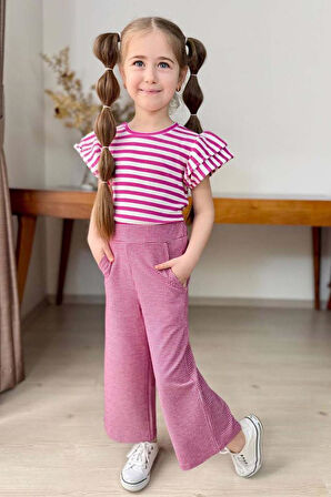 Kız Çocuk Yatay Çizgiler Kolsuz Omuzları Fırfırlı Bluz Pötikare Kumaş Pantolon Pembe Alt Üst Takım