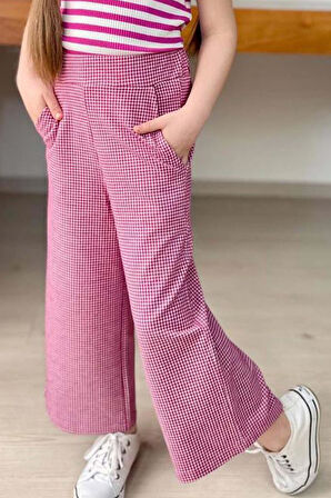 Kız Çocuk Yatay Çizgiler Kolsuz Omuzları Fırfırlı Bluz Pötikare Kumaş Pantolon Pembe Alt Üst Takım