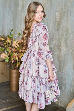 Kız Çocuk Üzeri Gül Desenli Yakası ve Eteği Kat Kat Fırfırlı Pliseli Pembe Elbise