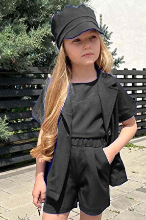 Kız Çocuk Kolsuz Penye Bluz Kısa Kollu Blazer Ceket Şapkalı Siyah Şortlu Takım