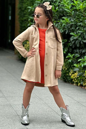 Kız Çocuk Kemer Detaylı Nubuk Ceket Fitilli Kumaş Uzun Kollu Turuncu Elbise