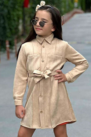 Kız Çocuk Kemer Detaylı Nubuk Ceket Fitilli Kumaş Uzun Kollu Turuncu Elbise