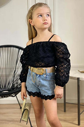 Kız Çocuk Kare Yaka Askılı Atlet Şeffaf Tüllü Düşük Omuzlu Bluz Dantel İşlemeli Jean Şortlu Takım