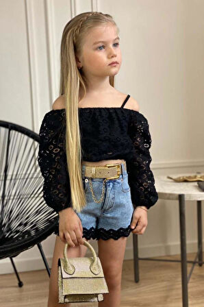 Kız Çocuk Kare Yaka Askılı Atlet Şeffaf Tüllü Düşük Omuzlu Bluz Dantel İşlemeli Jean Şortlu Takım