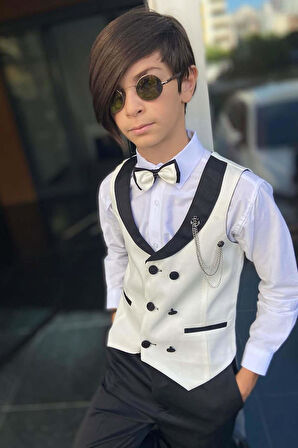 Erkek Çocuk Şal Yaka Düğme Detaylı Beyaz Cepken Yelek Gabardin Gömlek Takım Elbise