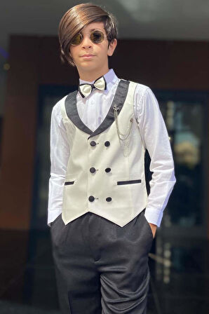 Erkek Çocuk Şal Yaka Düğme Detaylı Beyaz Cepken Yelek Gabardin Gömlek Takım Elbise