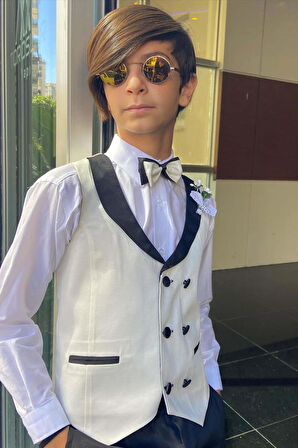 Erkek Çocuk Şal Yaka Düğme Detaylı Beyaz Cepken Yelek Gabardin Gömlek Takım Elbise