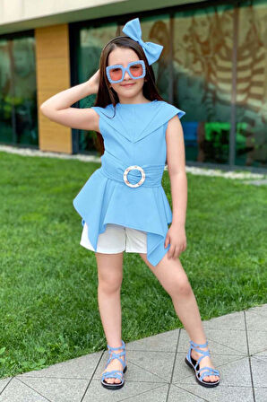 Kız Çocuk Sıfır Kol Asimetik Kesim Kemerli Mavi Tunik Şortlu Takım