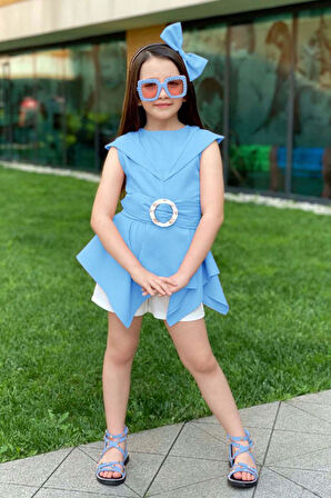 Kız Çocuk Sıfır Kol Asimetik Kesim Kemerli Mavi Tunik Şortlu Takım