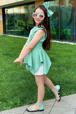 Kız Çocuk Sıfır Kol Asimetik Kesim Kemerli Turkuaz Tunik Şortlu Takım