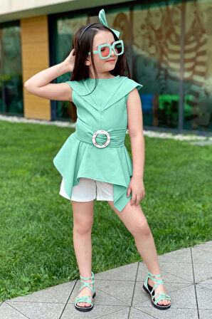 Kız Çocuk Sıfır Kol Asimetik Kesim Kemerli Turkuaz Tunik Şortlu Takım