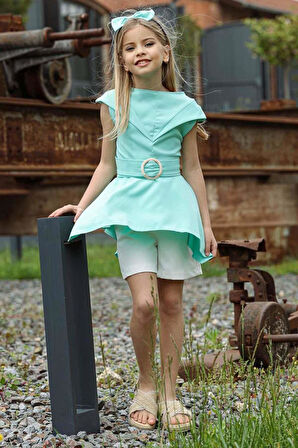 Kız Çocuk Sıfır Kol Asimetik Kesim Kemerli Turkuaz Tunik Şortlu Takım