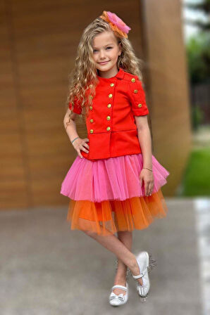 Kız Çocuk Üzeri Gold Düğme Detaylı Gömlek Çift Turuncu Renkli Etekli Takım