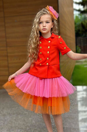 Kız Çocuk Üzeri Gold Düğme Detaylı Gömlek Çift Turuncu Renkli Etekli Takım