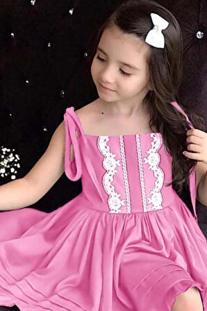 Kız Çocuk İp Askılı Bağlamalı Göğsü Dantel İşlemeli Pileli Pembe Keten Elbise