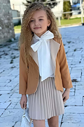 Kız Çocuk Yakası Kurdele Bağlama Detaylı Şifon Gömlek Blazer Ceket Pliseli Bej Etekli Takım