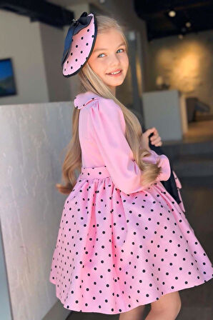 Kız Çocuk Bebe Yakalı Eteği Benekli Nakış İşlemeli Pembe Elbise