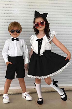 Kız Çocuk V Yaka Omuzları ve Etek Ucu Dantel İşlemeli Siyah Elbise