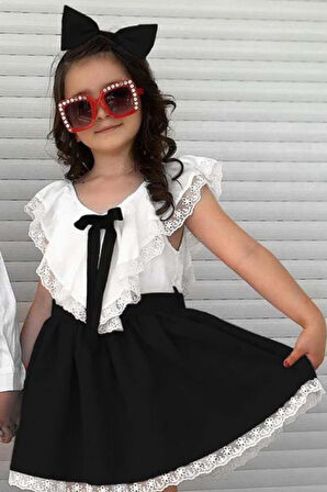 Kız Çocuk V Yaka Omuzları ve Etek Ucu Dantel İşlemeli Siyah Elbise