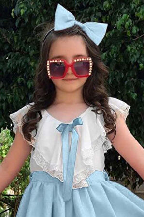 Kız Çocuk V Yaka Omuzları ve Etek Ucu Dantel İşlemeli Mavi Elbise