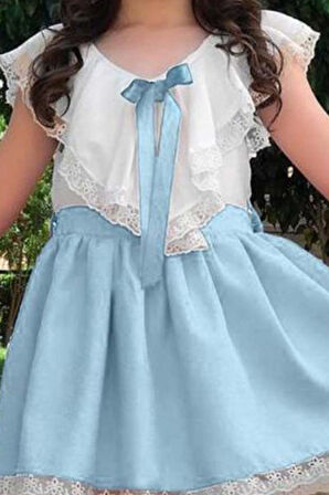 Kız Çocuk V Yaka Omuzları ve Etek Ucu Dantel İşlemeli Mavi Elbise