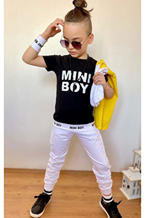 Erkek Çocuk Mini Boy Yazı ve Şerit Detaylı T-shirt Kolsuz Sarı Yelek Eşofman Takım