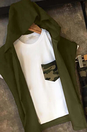 Erkek Çocuk Cep Detaylı T-shirt Kolsuz Yeşil Yelek Kamuflaj Detaylı Eşofman Takım