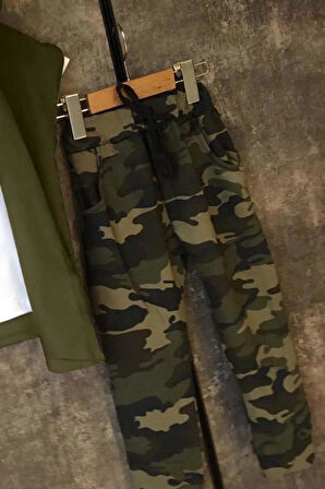 Erkek Çocuk Cep Detaylı T-shirt Kolsuz Yeşil Yelek Kamuflaj Detaylı Eşofman Takım