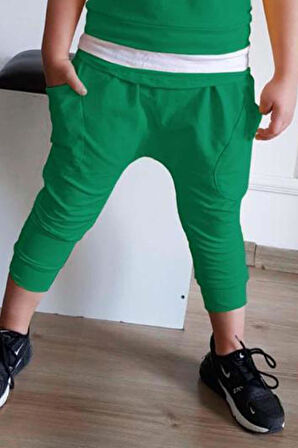 Erkek Çocuk Kapüşonlu Şerit Detaylı Kat Şerit Detaylı Sweatshirt Lastikli Yeşil Eşofman