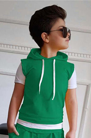 Erkek Çocuk Kapüşonlu Şerit Detaylı Kat Şerit Detaylı Sweatshirt Lastikli Yeşil Eşofman