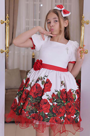 Kız Çocuk Kolları ve Beli Şerit Detaylı Karpuz Kollu Eteği Tüllü ve Gül Desenli Beyaz Elbise