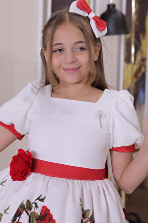 Kız Çocuk Kolları ve Beli Şerit Detaylı Karpuz Kollu Eteği Tüllü ve Gül Desenli Beyaz Elbise