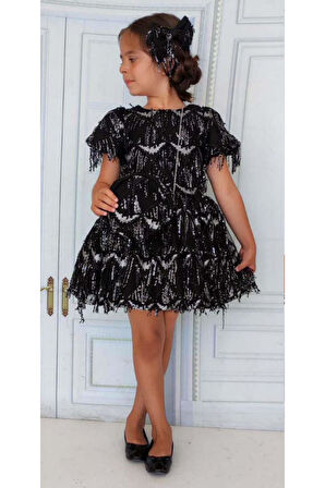 Kız Çocuk Üzeri Pulpayet İşlemeli Püsküllü Parlak Siyah Elbise