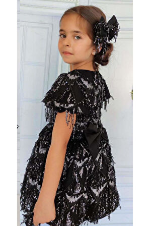 Kız Çocuk Üzeri Pulpayet İşlemeli Püsküllü Parlak Siyah Elbise