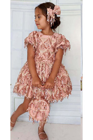 Kız Çocuk Üzeri Pulpayet İşlemeli Püsküllü Parlak Somon Elbise
