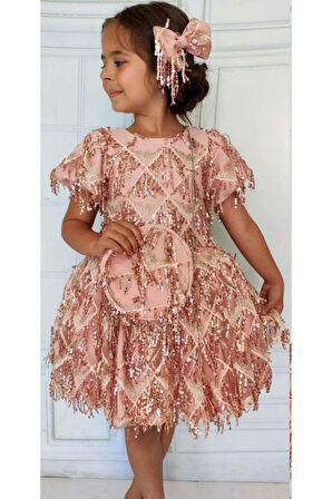 Kız Çocuk Üzeri Pulpayet İşlemeli Püsküllü Parlak Somon Elbise