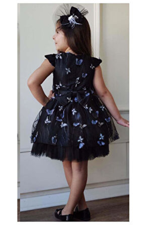 Kız Çocuk Omuzları Fırfır Detaylı Üzeri Kelebek Motifli Eteği Tüllü Siyah Elbise