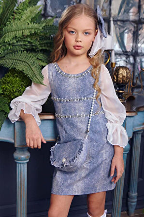 Kız Çocuk Yakası ve Üzeri İnci Şerit İşlemeli Gradyan Mavi Kot Elbise