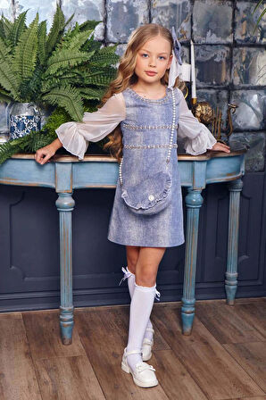 Kız Çocuk Yakası ve Üzeri İnci Şerit İşlemeli Gradyan Mavi Kot Elbise