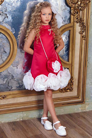 Kız Çocuk Dik Yaka İnci Detaylı Sıfır Kol Eteği 3D Gül İşlemeli Slim Kesim Fuşya Elbise