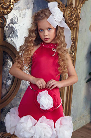 Kız Çocuk Dik Yaka İnci Detaylı Sıfır Kol Eteği 3D Gül İşlemeli Slim Kesim Fuşya Elbise