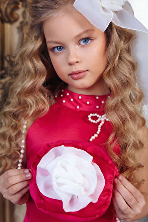 Kız Çocuk Dik Yaka İnci Detaylı Sıfır Kol Eteği 3D Gül İşlemeli Slim Kesim Fuşya Elbise